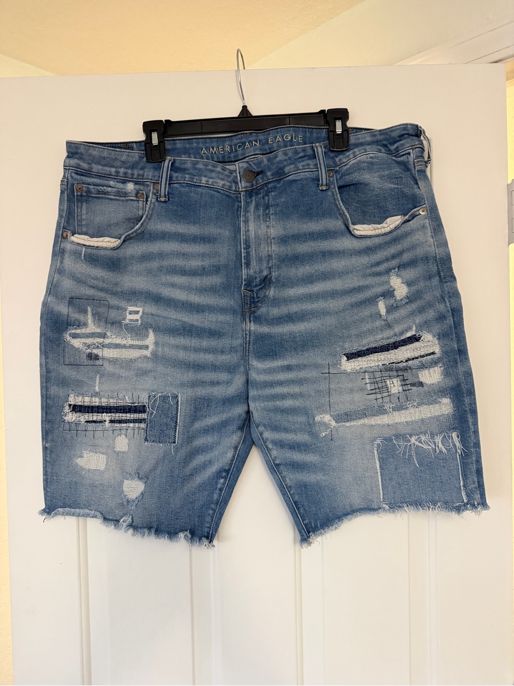 American Eagle Outfitters Distressed Light Blue Patchwork Denim Shorts for Men